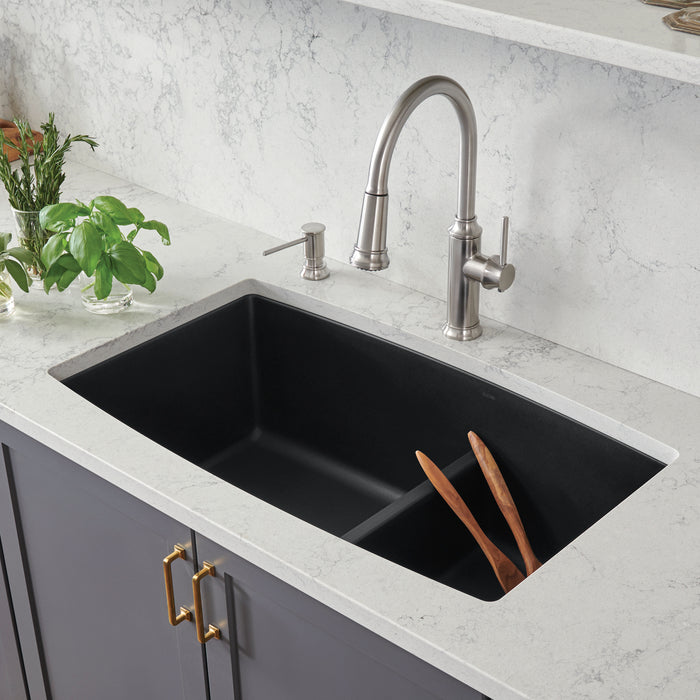 Coal Black - BLANCO Performa SILGRANIT 33" 60/40 Double Bowl Undermount Kitchen Sink with Low Divide