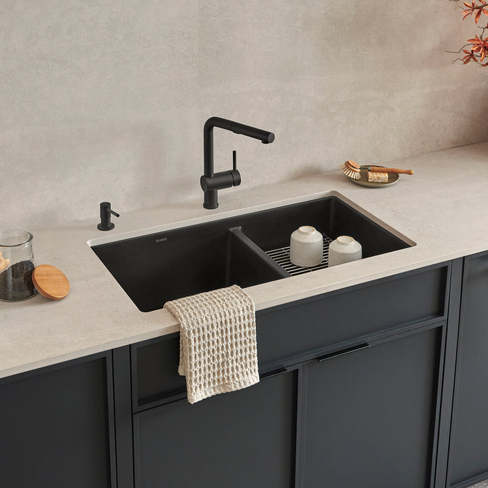Coal Black - BLANCO Precis SILGRANIT 33" 60/40 Double Bowl Undermount Kitchen Sink