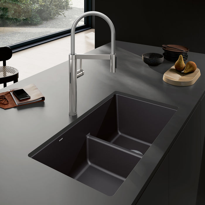 Coal Black - BLANCO Precis SILGRANIT 33" 60/40 Reversible Double Bowl Undermount Kitchen Sink with Low Divide