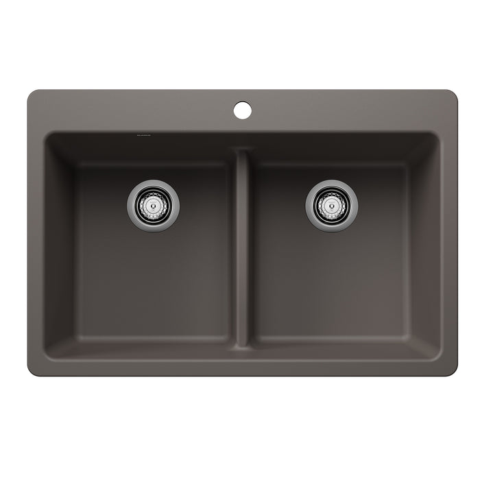 BLANCO Liven SILGRANIT 33" 50/50 Double Bowl Dual Mount Kitchen Sink with Low Divide - Volcano Gray