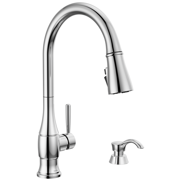 Delta Hazelwood 19831Z Single Handle Pull-Down Kitchen Faucet with Soap Dispenser and ShieldSpray Technology