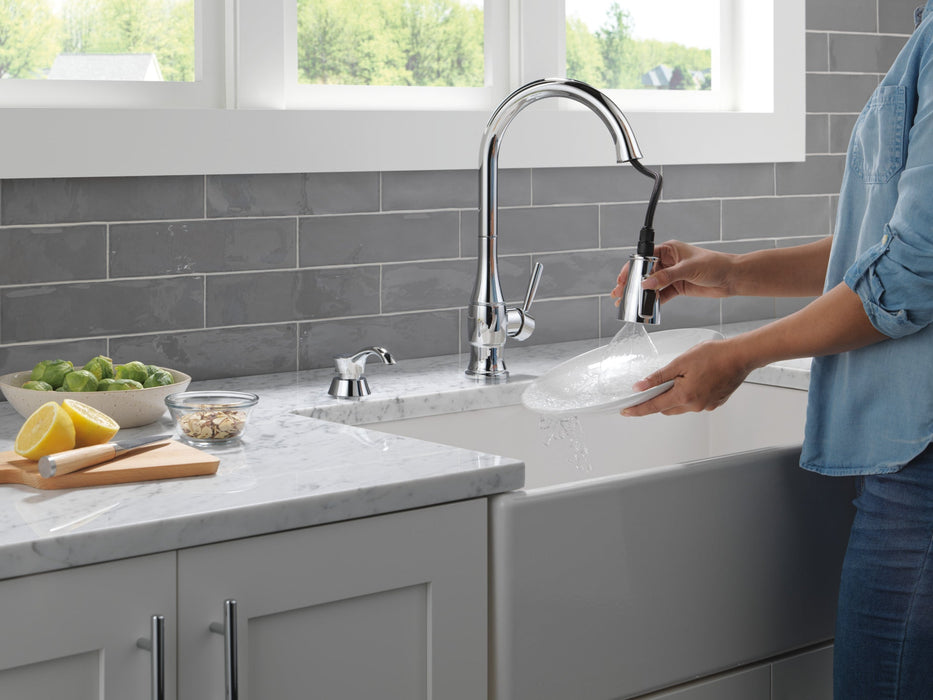 Delta Hazelwood 19831Z Single Handle Pull-Down Kitchen Faucet with Soap Dispenser and ShieldSpray Technology