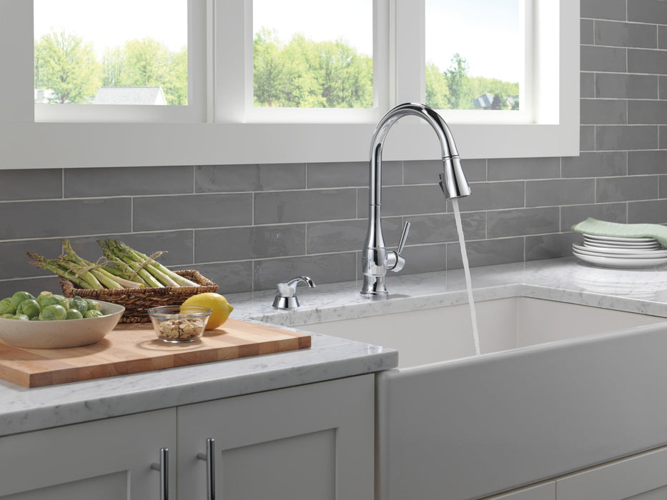 Delta Hazelwood 19831Z Single Handle Pull-Down Kitchen Faucet with Soap Dispenser and ShieldSpray Technology
