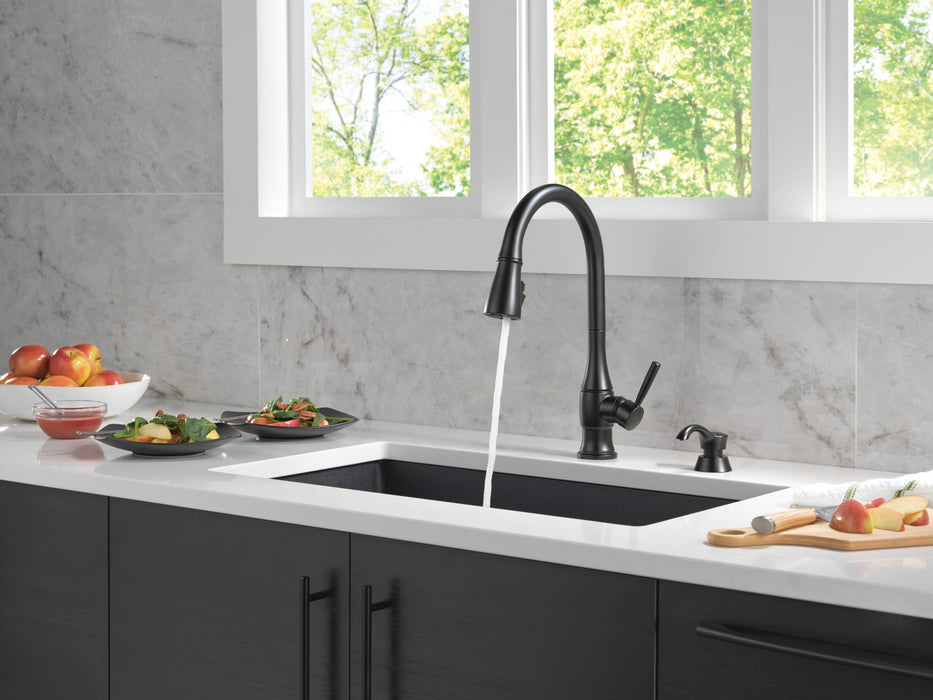 Delta Hazelwood 19831Z Single Handle Pull-Down Kitchen Faucet with Soap Dispenser and ShieldSpray Technology