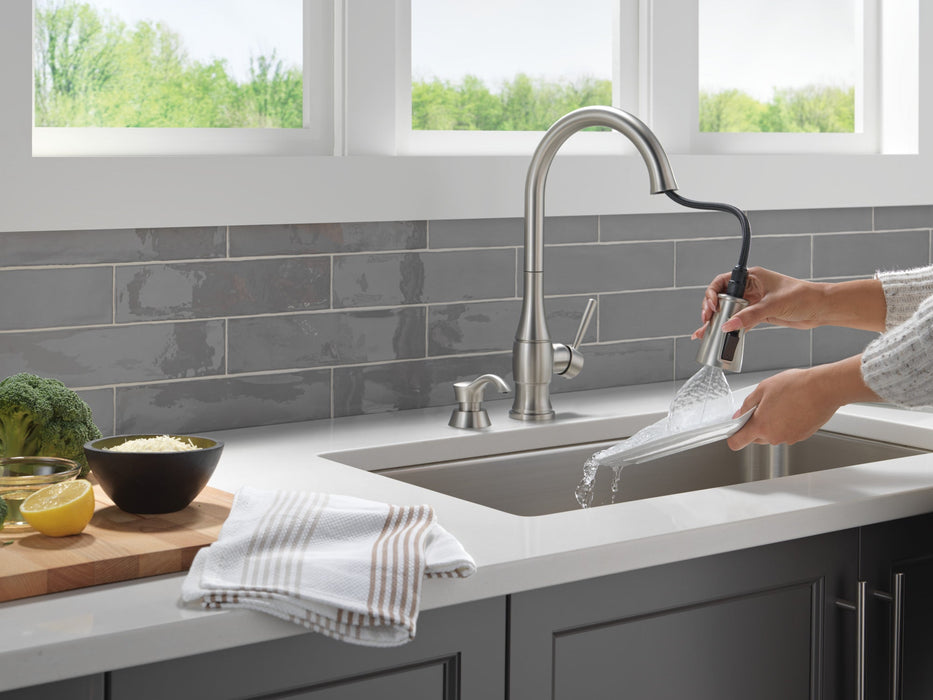 Delta Hazelwood 19831Z Single Handle Pull-Down Kitchen Faucet with Soap Dispenser and ShieldSpray Technology