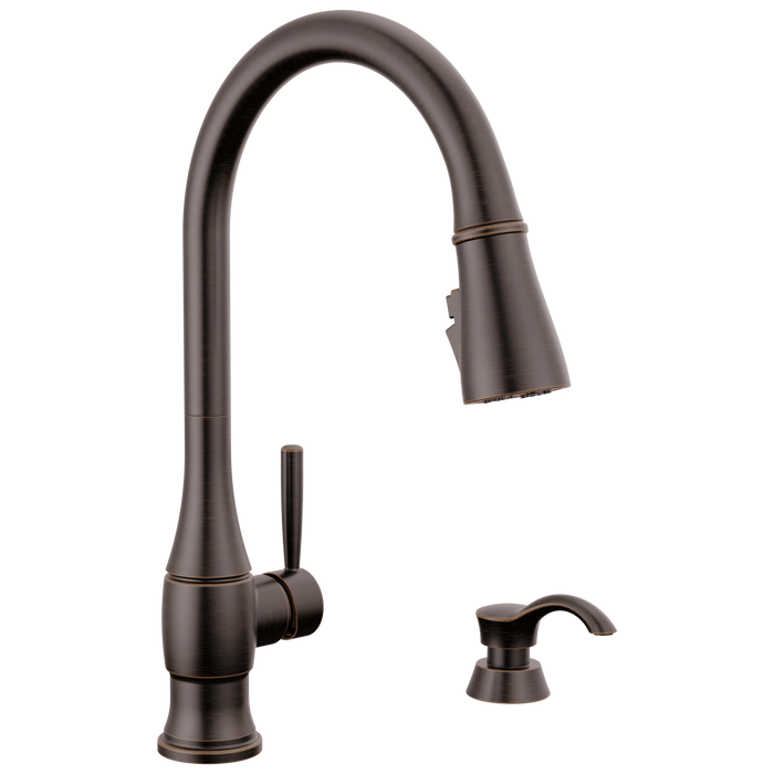 Delta Hazelwood 19831Z Single Handle Pull-Down Kitchen Faucet with Soap Dispenser and ShieldSpray Technology