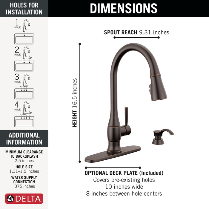 Delta Hazelwood 19831Z Single Handle Pull-Down Kitchen Faucet with Soap Dispenser and ShieldSpray Technology