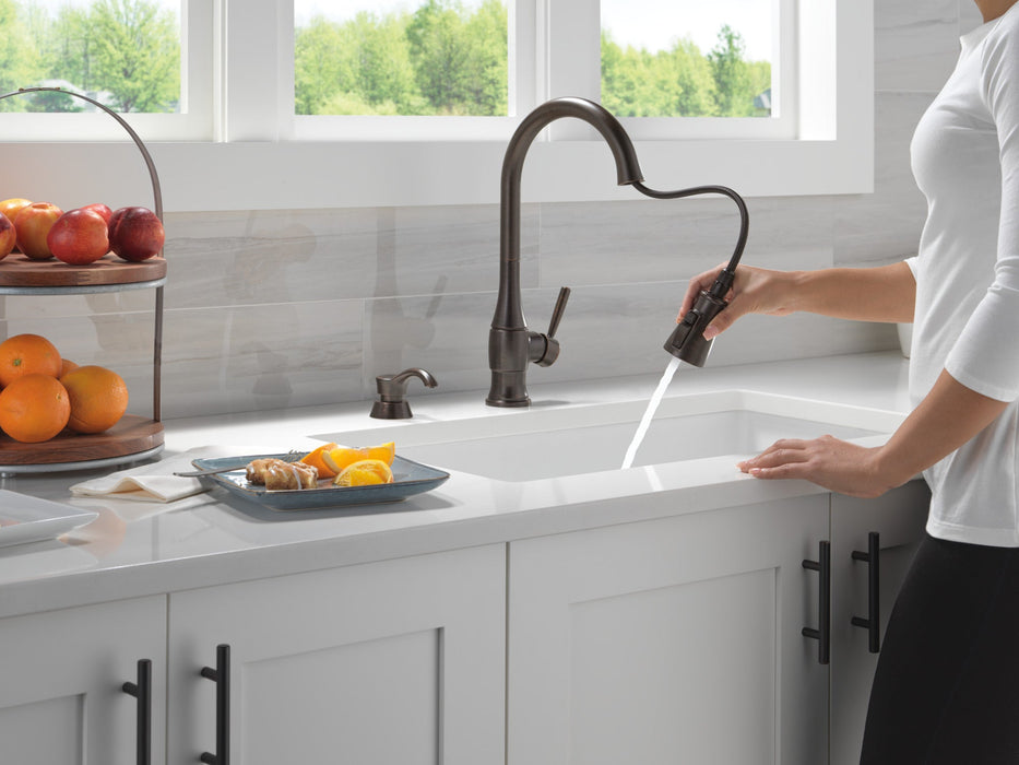 Delta Hazelwood 19831Z Single Handle Pull-Down Kitchen Faucet with Soap Dispenser and ShieldSpray Technology