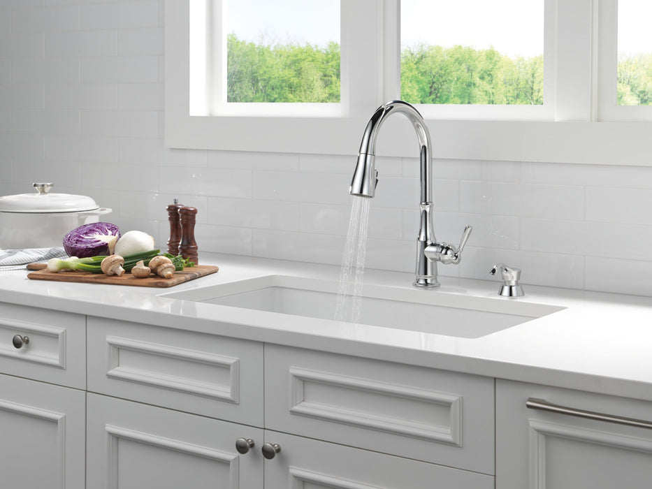 Delta Capertee 19877Z Single Handle Pull-Down Kitchen Faucet with Soap Dispenser and ShieldSpray Technology