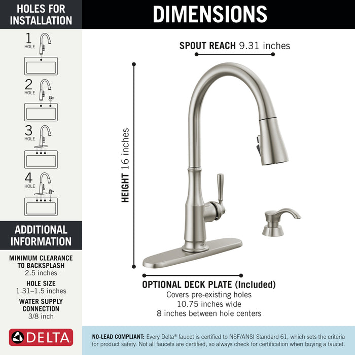 Delta Capertee 19877Z Single Handle Pull-Down Kitchen Faucet with Soap Dispenser and ShieldSpray Technology