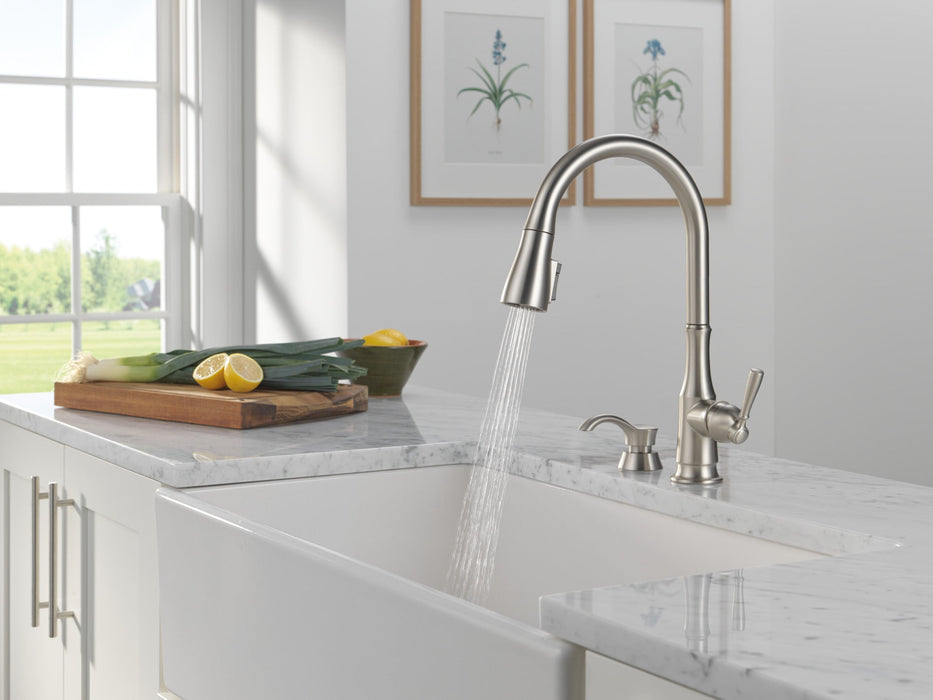 Delta Capertee 19877Z Single Handle Pull-Down Kitchen Faucet with Soap Dispenser and ShieldSpray Technology