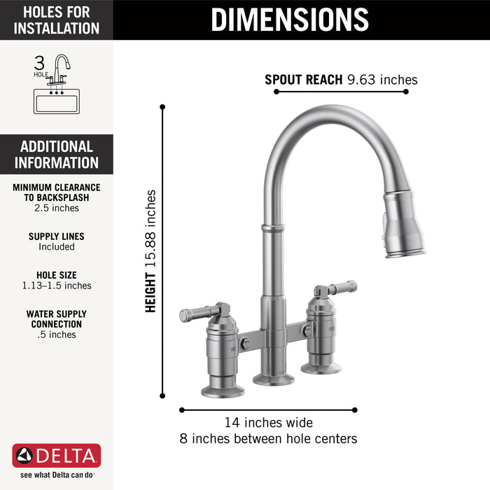 Delta Broderick 2390L Two Handle Pull-Down Bridge Kitchen Faucet