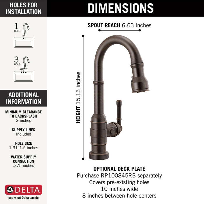 Delta Broderick 9990T Single Handle Pull-Down Bar/Prep Faucet with TouchTouch 2O Technology