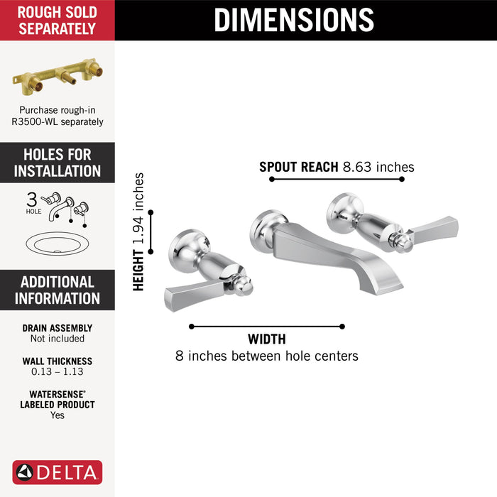 Delta Dorval T3556LF Two Handle Wall Mount Bathroom Faucet Trim Only