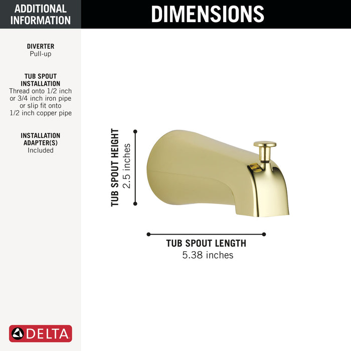 Delta Universal Showering Components U1075 Diverter Tub Spout, polished brass - view 2