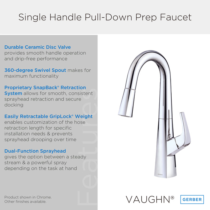 Gerber D150518 Vaughn 1H Pull-Down Prep Faucet 1.75gpm Chrome - Chrome