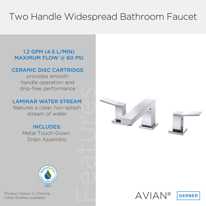 Gerber D304119 Avian 2H Widespread Lavatory Faucet w/ Metal Touch Down Drain 1.2gpm Chrome - Chrome