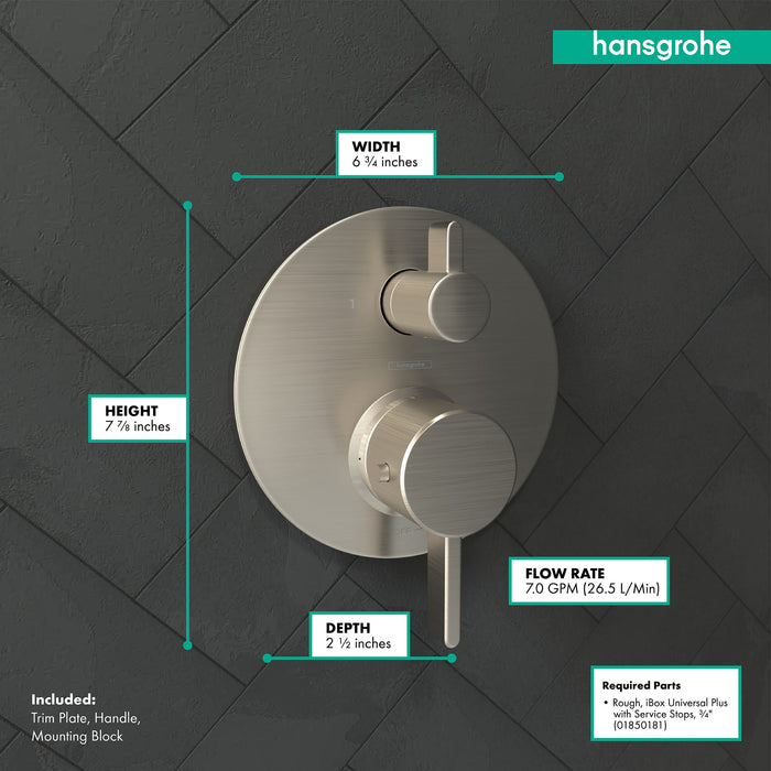 hansgrohe Ecostat Thermostatic Trim S with Volume Control and Diverter, brushed nickel - view 4
