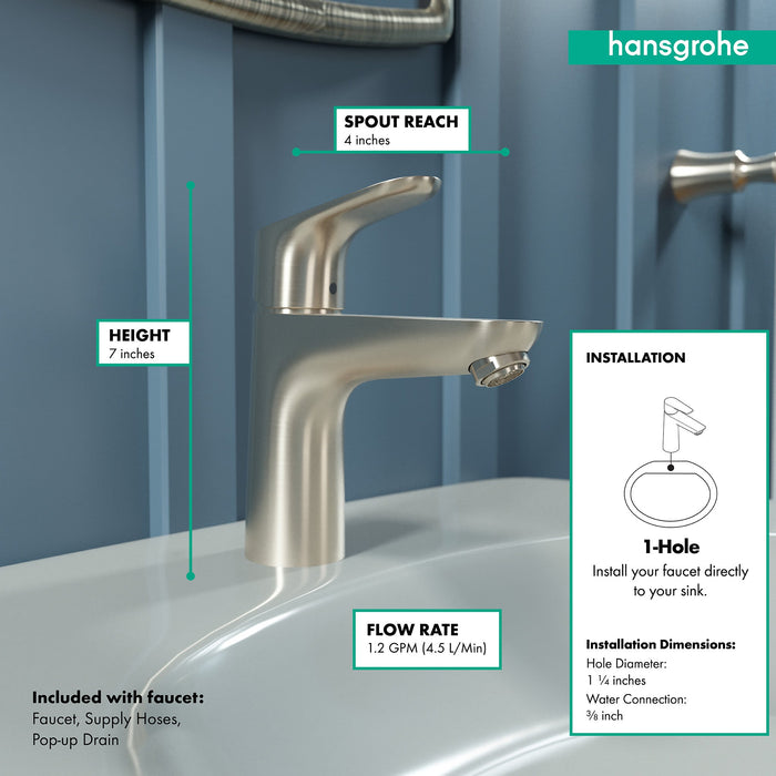 hansgrohe Focus Single-Hole Faucet 100 with Pop-Up Drain, 1.2 GPM, brushed nickel - view 4