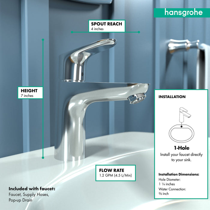 hansgrohe Focus Single-Hole Faucet 100 with Pop-Up Drain, 1.2 GPM, chrome - view 4