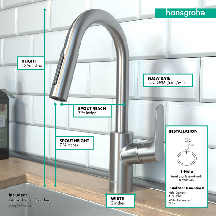 hansgrohe Focus Prep Kitchen Faucet, 2-Spray Pull-Down, 1.75 GPM, stainless steel optic - view 4