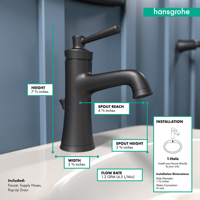 hansgrohe Joleena Single-Hole Faucet 100 with Pop-Up Drain, 1.2 GPM, matte black - view 4