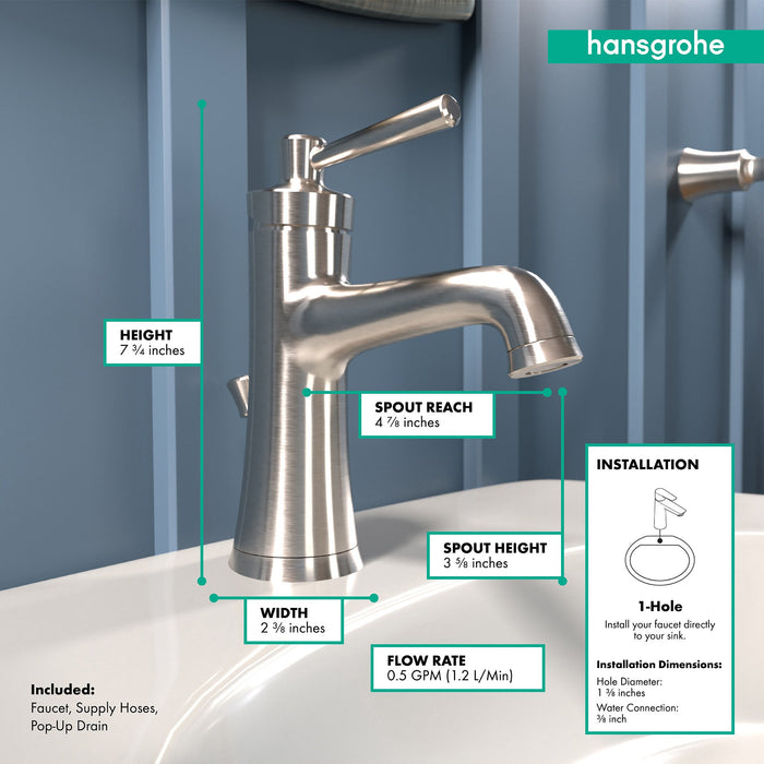 hansgrohe Joleena Single-Hole Faucet 100 with Pop-Up Drain, 0.5 GPM, brushed nickel - view 4