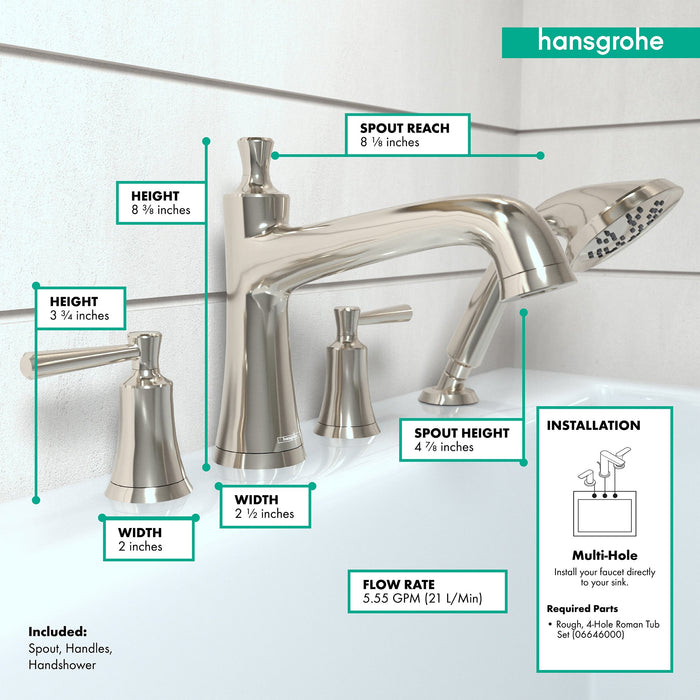 hansgrohe Joleena 4-Hole Roman Tub Set Trim with 1.75 GPM Handshower, polished nickel - view 4