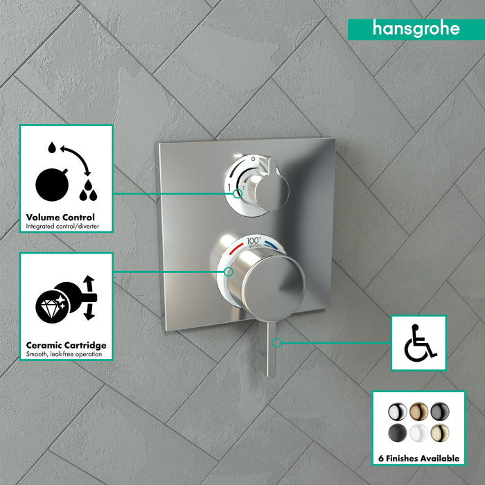hansgrohe Ecostat Square Thermostatic Trim with Volume Control and Diverter, chrome - view 3
