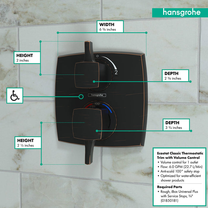 hansgrohe Ecostat Classic Thermostatic Trim with Volume Control, Square, rubbed bronze - view 3
