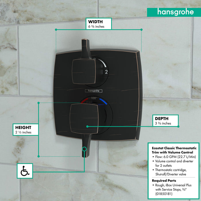 hansgrohe Ecostat Classic Thermostatic Trim with Volume Control and Diverter, Square, rubbed bronze - view 3