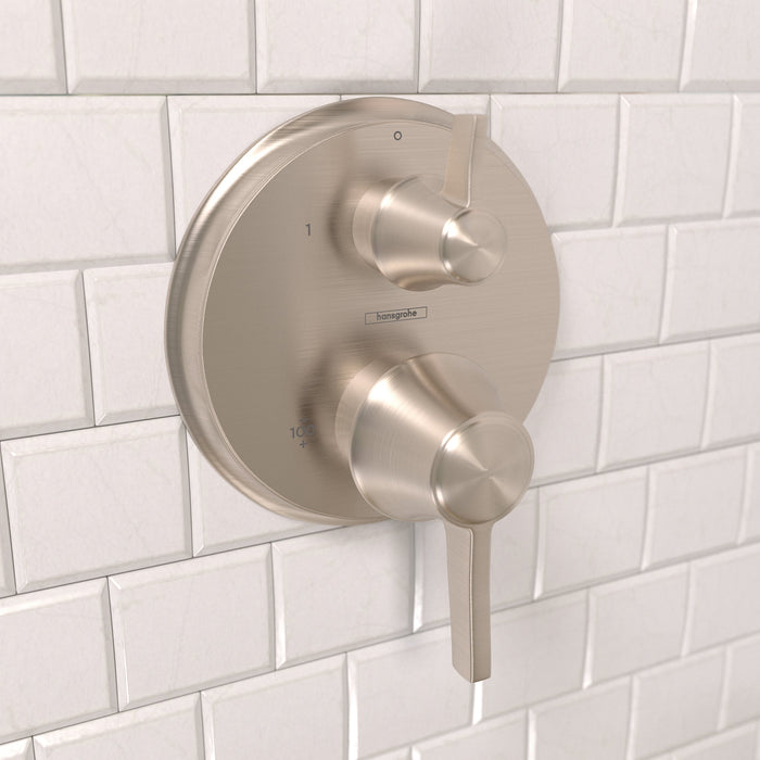 hansgrohe Ecostat Classic Thermostatic Trim with Volume Control and Diverter, Round, brushed nickel - view 2
