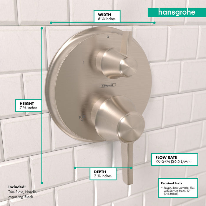 hansgrohe Ecostat Classic Thermostatic Trim with Volume Control and Diverter, Round, brushed nickel - view 4