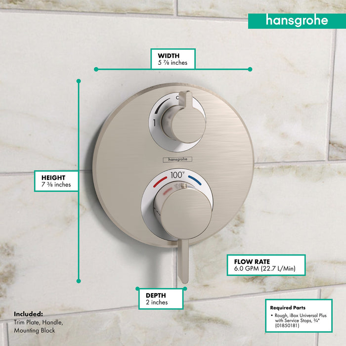 hansgrohe Ecostat S Thermostatic Trim with Volume Control and Diverter, brushed nickel - view 4