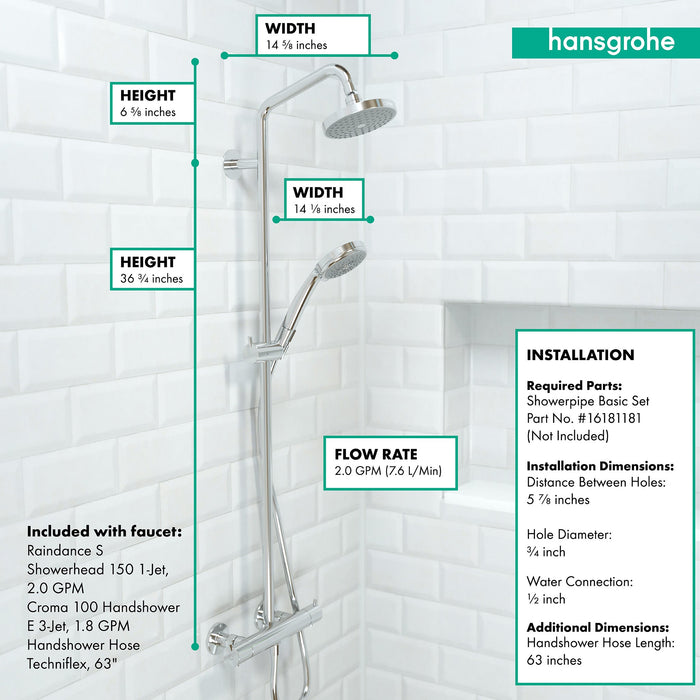hansgrohe Croma Showerpipe 150 1-Jet, 2.0 GPM, chrome - view 4