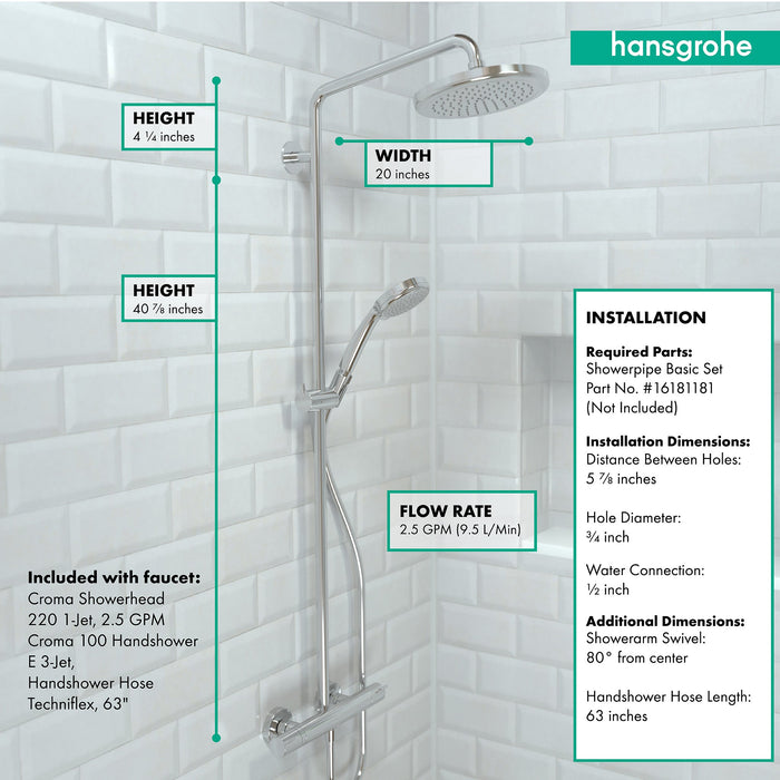 hansgrohe Croma Showerpipe 220 1-Jet, 2.5 GPM, chrome - view 4