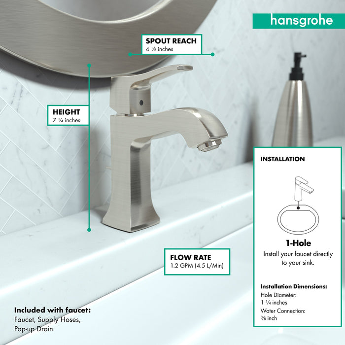 hansgrohe Metris C Single-Hole Faucet 100 with Pop-Up Drain, 1.2 GPM, brushed nickel - view 4