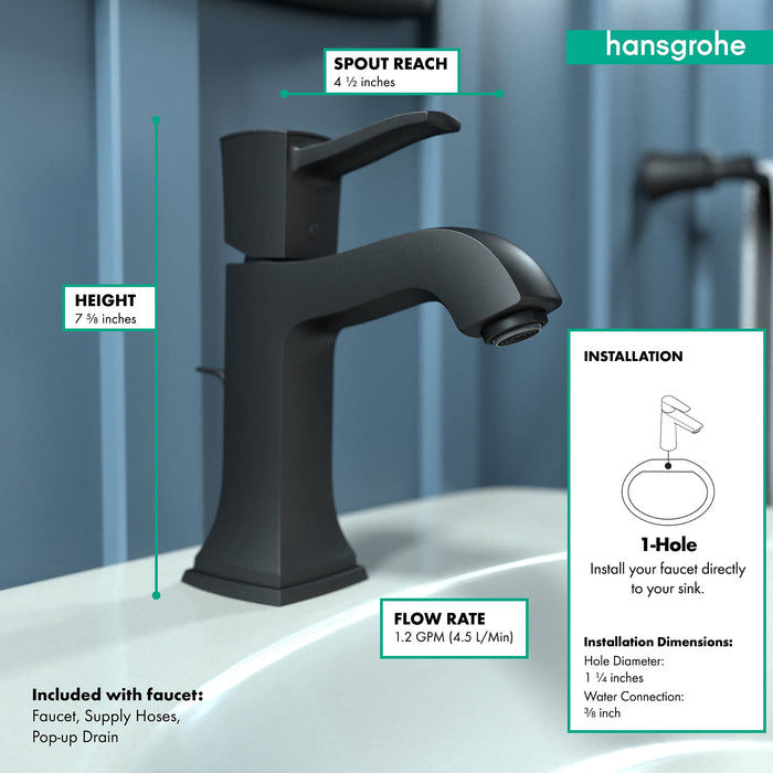 hansgrohe Metropol Classic Single-Hole Faucet 110 with Pop-Up Drain, 1.2 GPM, matte black - view 4