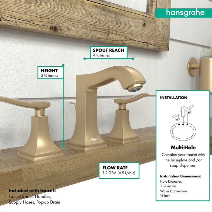 hansgrohe Metropol Classic Widespread Faucet 110 with Lever Handles and Pop-Up Drain, 1.2 GPM
