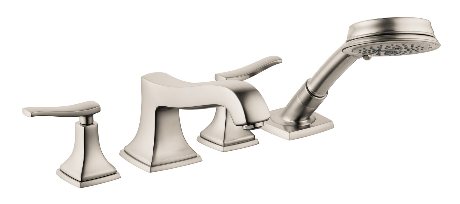 hansgrohe Metropol Classic 4-Hole Roman Tub Set Trim with Lever Handles and 1.8 GPM Handshower, brushed nickel