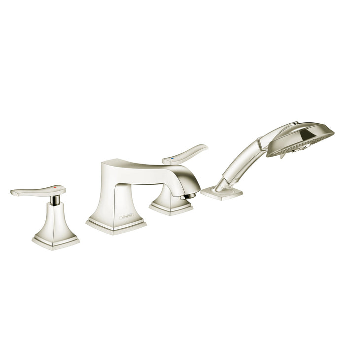 hansgrohe Metropol Classic 4-Hole Roman Tub Set Trim with Lever Handles and 1.8 GPM Handshower, polished nickel