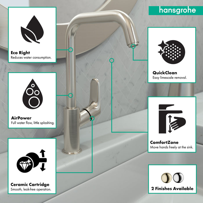 hansgrohe Focus Single-Hole Faucet 240 with Swivel Spout and Pop-Up Drain, 1.2 GPM