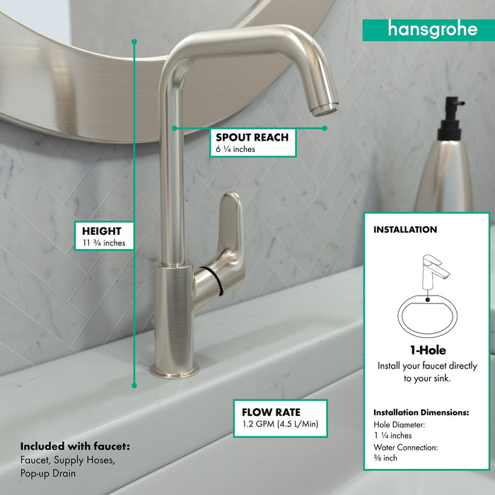 hansgrohe Focus Single-Hole Faucet 240 with Swivel Spout and Pop-Up Drain, 1.2 GPM