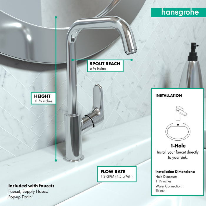 hansgrohe Focus Single-Hole Faucet 240 with Swivel Spout and Pop-Up Drain, 1.2 GPM