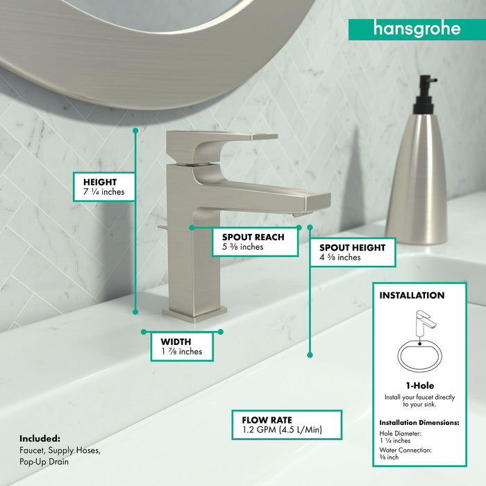 hansgrohe Metropol Single-Hole Faucet 110 with Lever Handle and Pop-Up Drain, 1.2 GPM, brushed nickel - view 4