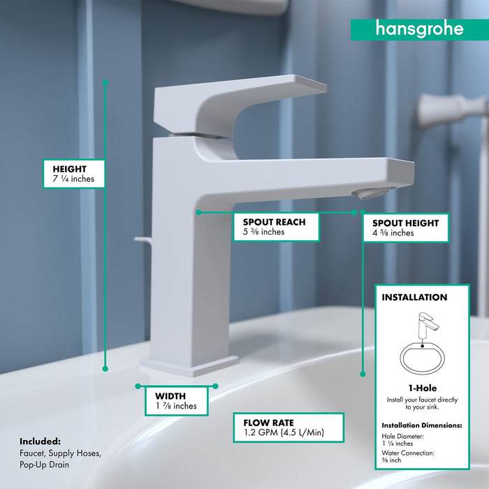 hansgrohe Metropol Single-Hole Faucet 110 with Lever Handle and Pop-Up Drain, 1.2 GPM, matte white - view 4