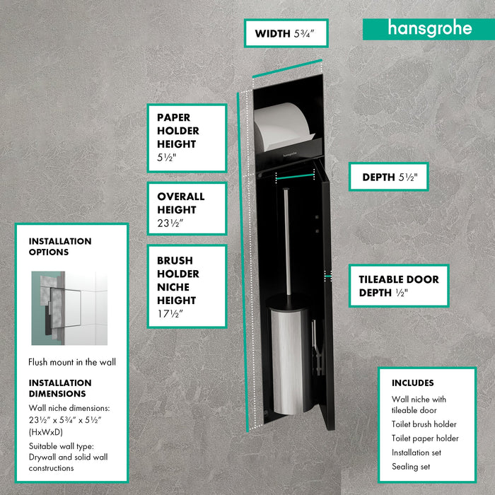hansgrohe XtraStoris Rock Recessed Toilet Brush Holder with Toilet Paper Holder & Tileable Door