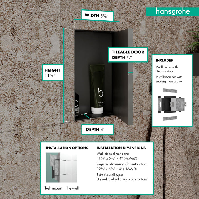 hansgrohe XtraStoris Rock Wall Niche with Tileable Door 12"x 6"x 4", brushed stainless steel - view 2