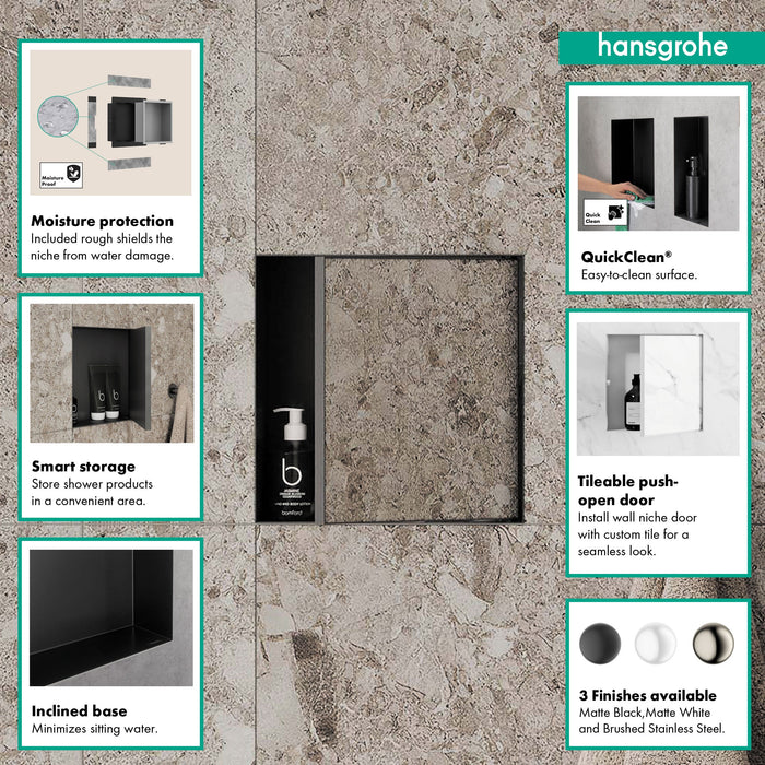 hansgrohe XtraStoris Rock Wall Niche with Tileable Door 12"x 12"x 5.5", matte white - view 2