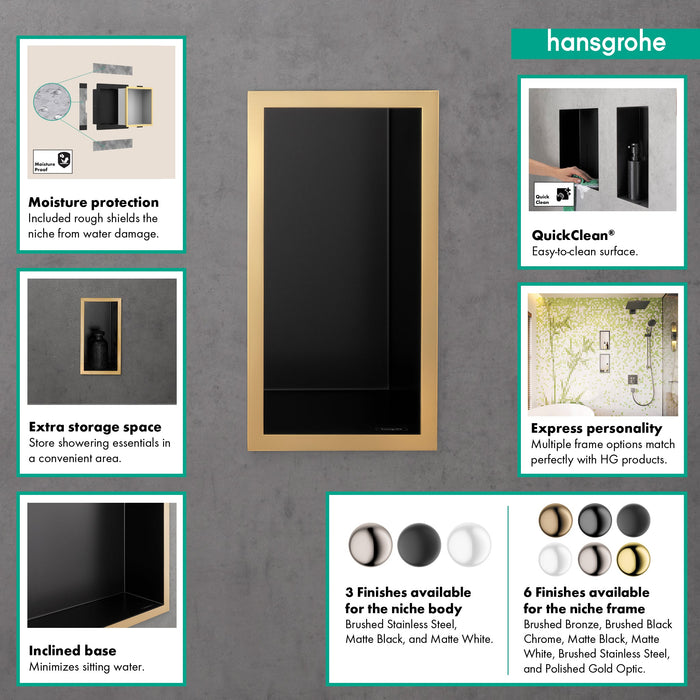 hansgrohe XtraStoris Individual Wall Niche Matte Black with Design Frame 12"x 6"x 4", brushed black chrome - view 2